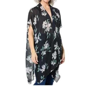 Anne Klein Women's Pleated Hibiscus Print Ruana Black Multi